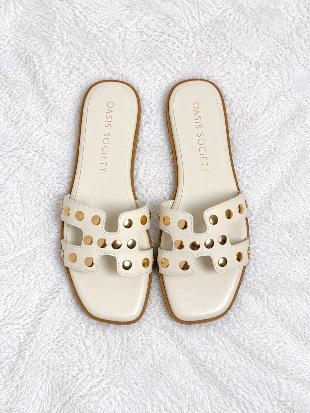 Oasis Society Cream Slide Sandals with Gold Stud Details The Evelyn